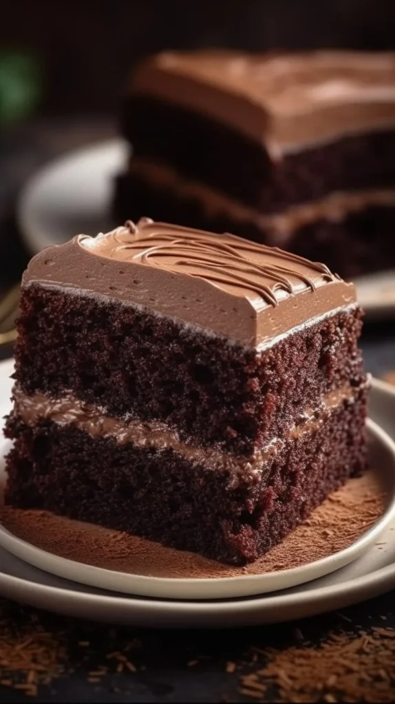 Delicious slice of Chocolate Mayonnaise Cake with frosting and chocolate sprinkles