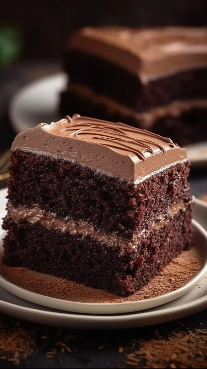 Delicious slice of Chocolate Mayonnaise Cake with frosting and chocolate sprinkles