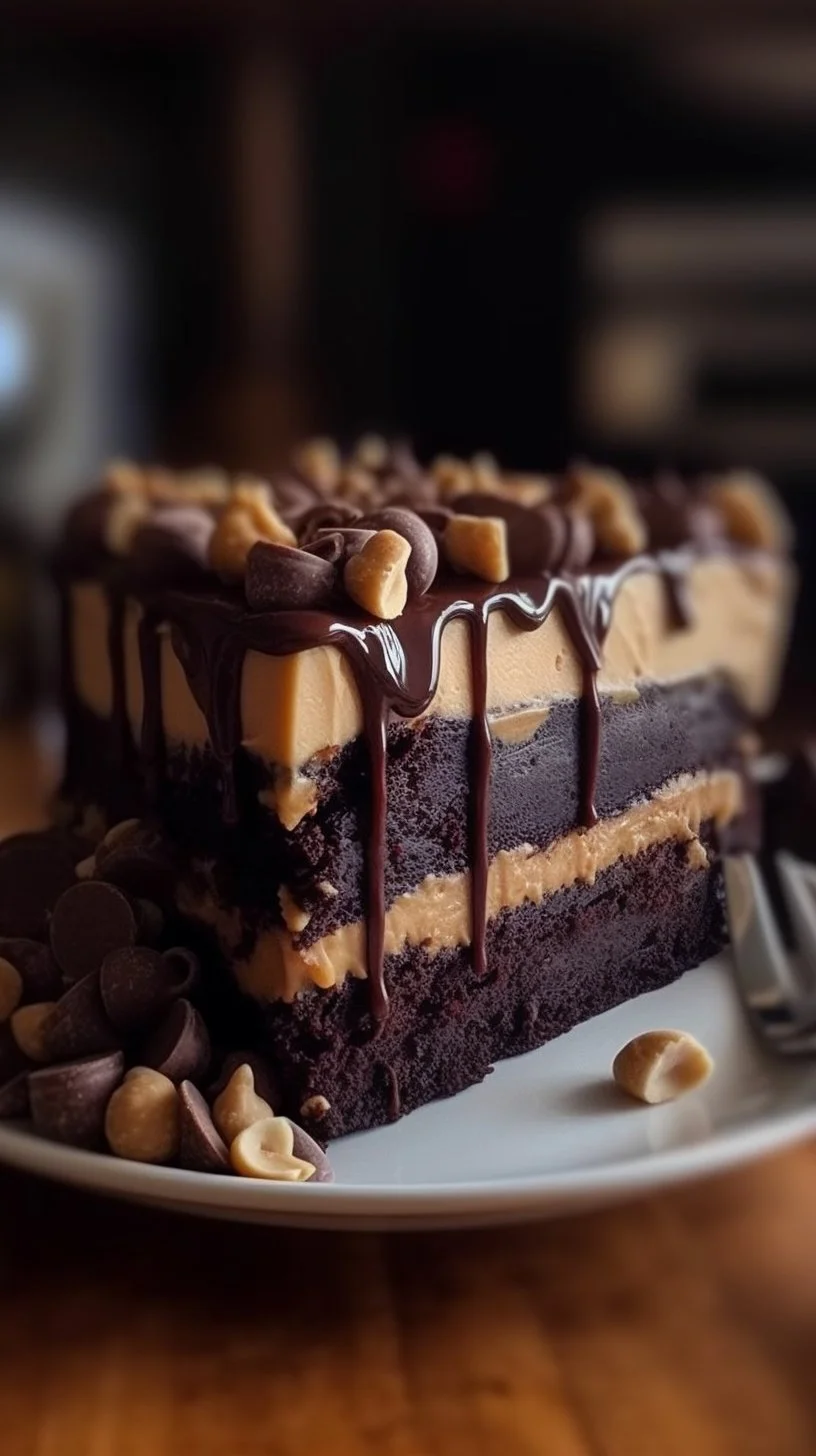 Delicious Chocolate Peanut Butter Cheesecake Cake topped with chocolate drizzle.