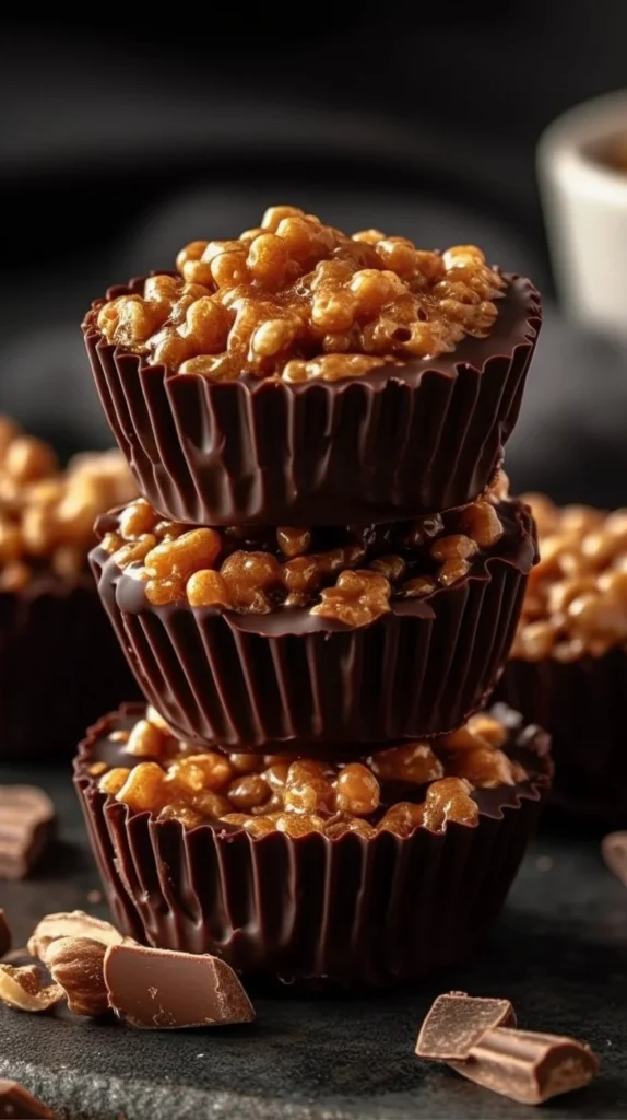Chocolate Peanut Butter Rice Krispie Cups topped with chocolate and peanut butter