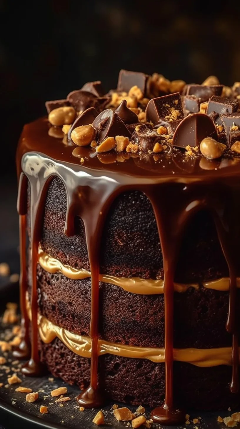 Slice of chocolate peanut butter salted caramel toffee cake on a plate