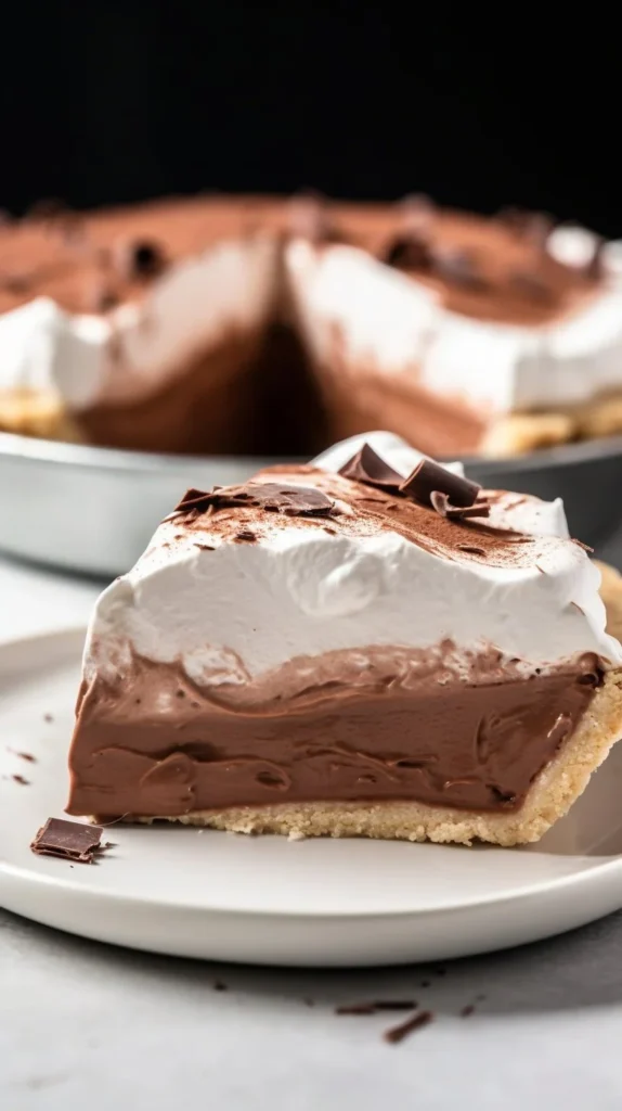 Delicious Chocolate Pudding Pie garnished with whipped cream and chocolate shavings