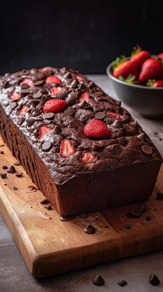 Loaf of chocolate strawberry banana bread with slices on a wooden table