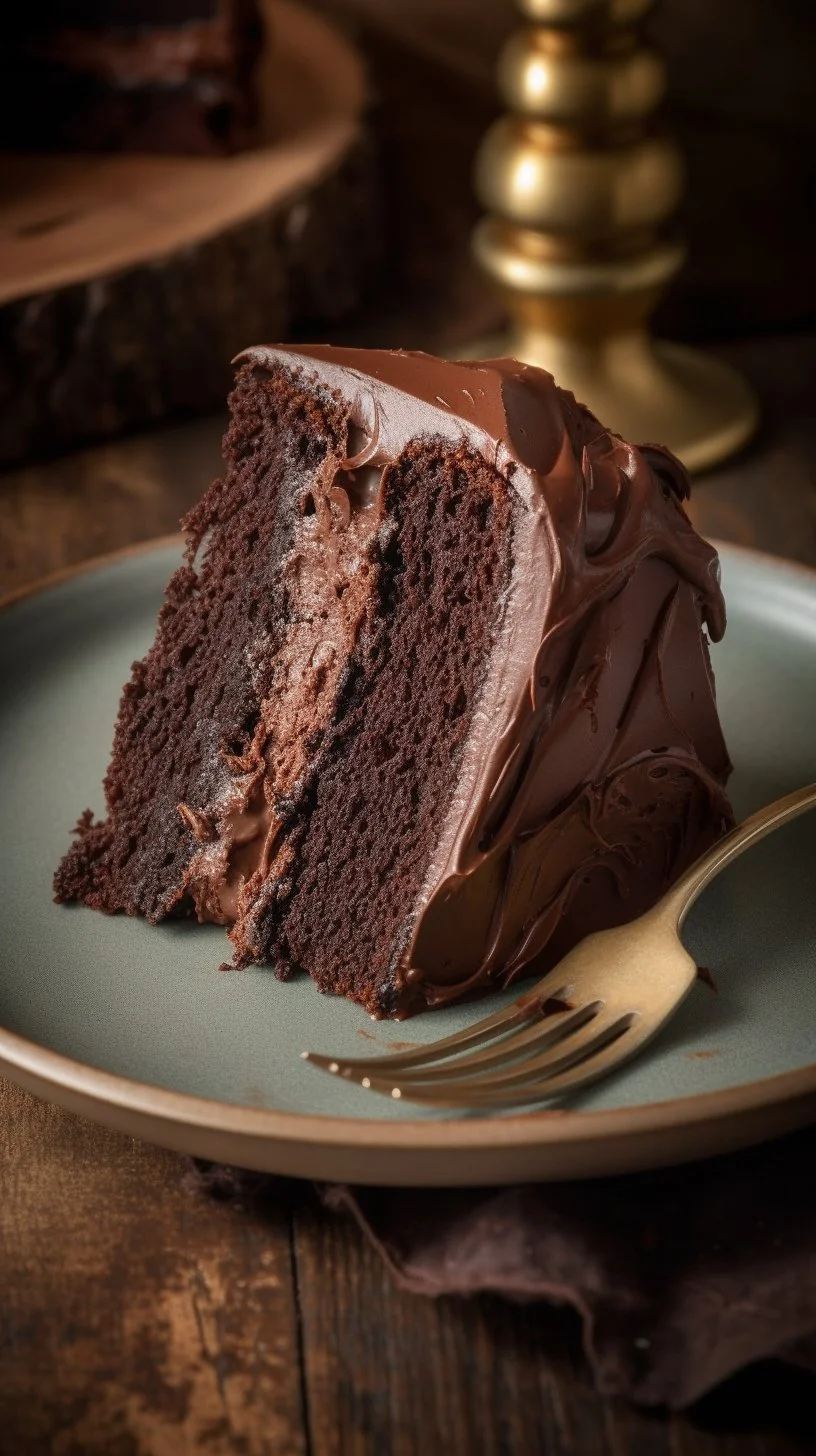 Delicious chocolate zucchini cake topped with chocolate frosting on a plate