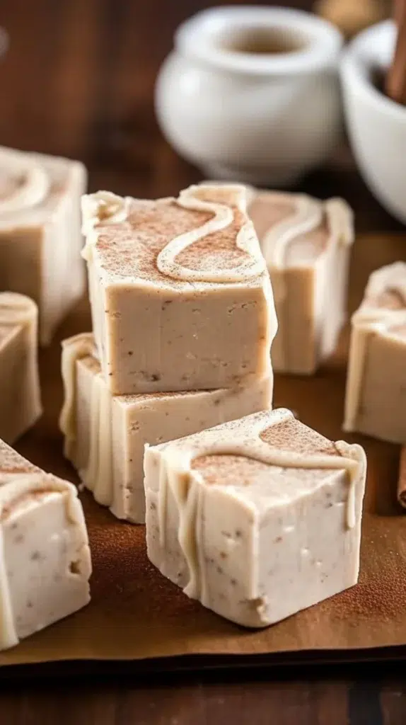 Delicious cinnamon roll fudge in a decorative tray.