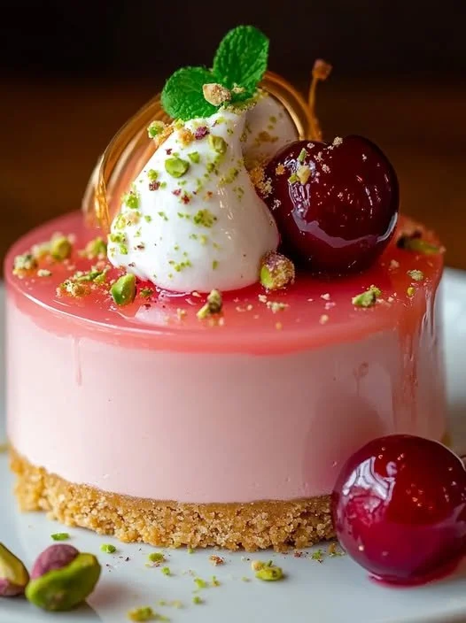 Citrus Ribbon Cherry Pistachio Layered Cheesecake dessert on a serving plate.