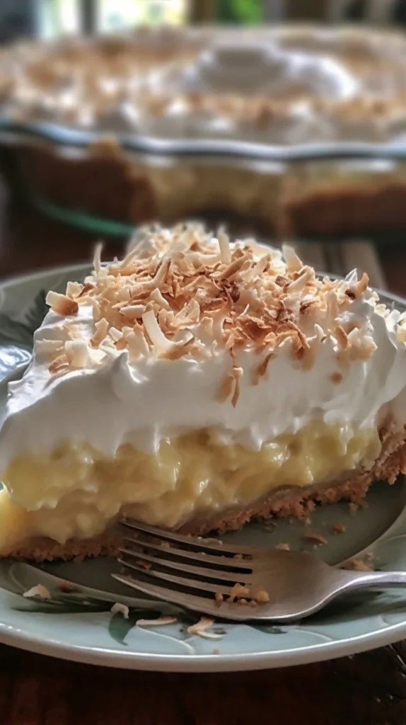 Slice of Classic Coconut Cream Pie with whipped cream and coconut flakes on top