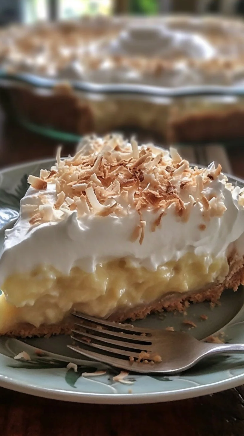 Slice of Classic Coconut Cream Pie with whipped cream and coconut flakes on top