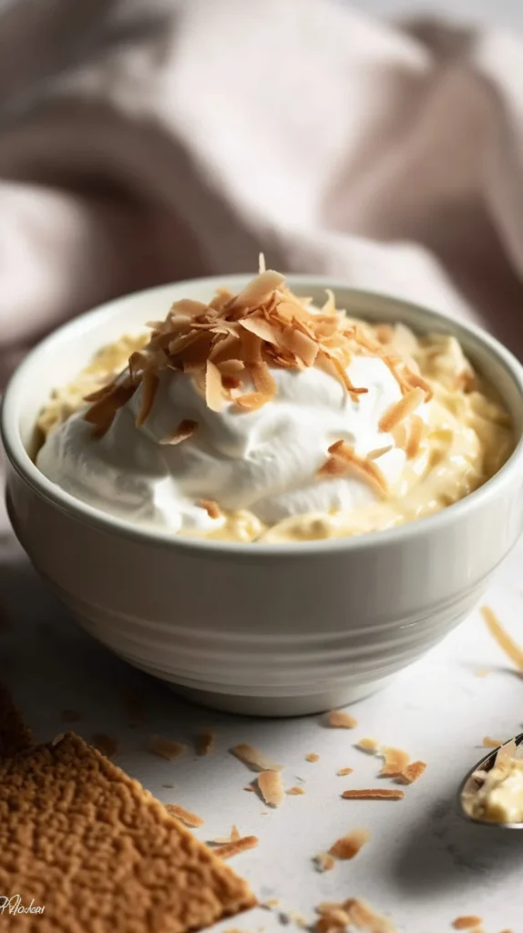 Delicious Coconut Cream Pie Dip served in a bowl with fresh coconut topping.