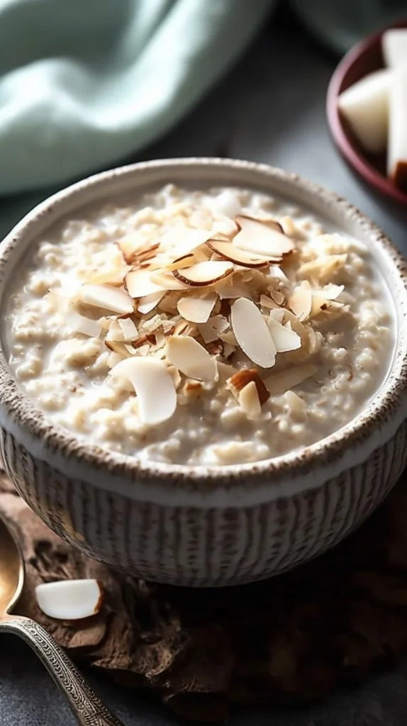A bowl of coconut cream pie overnight oats topped with shredded coconut and whipped cream