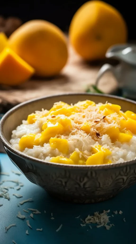 Delicious Coconut Mango Rice Pudding topped with fresh mango slices and coconut flakes