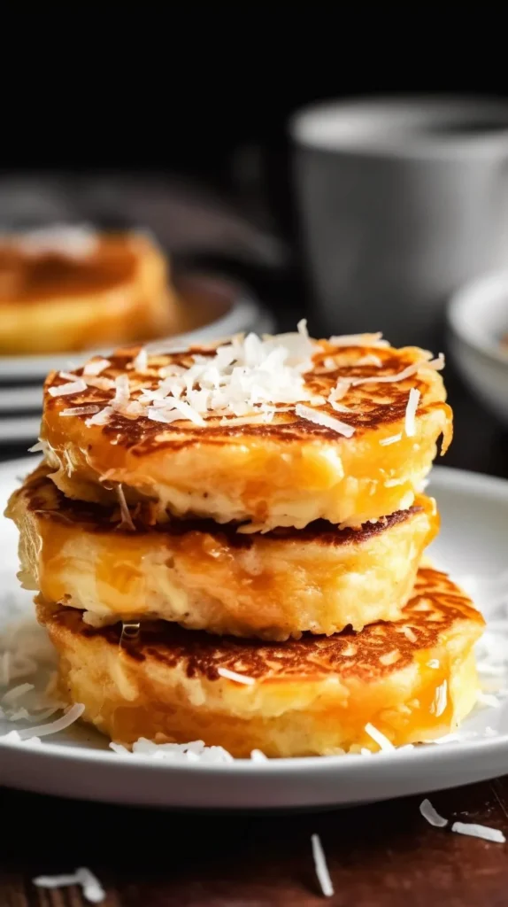 Coconut stuffed French toast served with syrup and fresh fruit