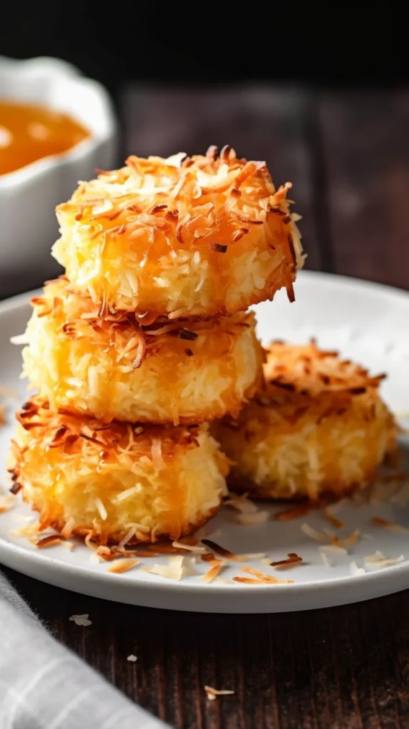 Plate of Coconut Stuffed French Toast garnished with coconut flakes and syrup