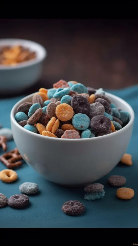 Delicious Cookie Monster Muddy Buddies snack mix with chocolate and cookies