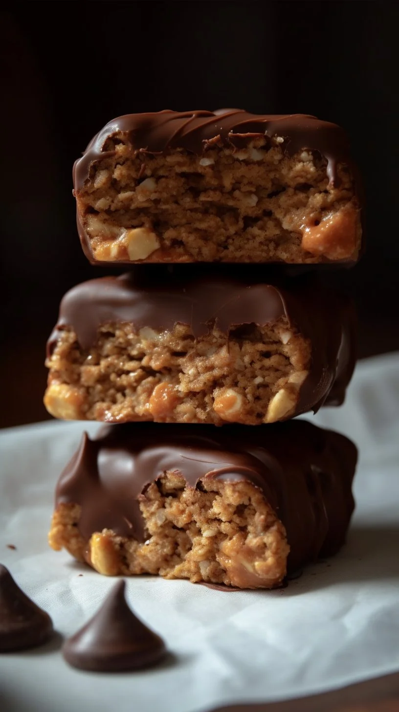 Homemade Reese's Peanut Butter Protein Bars on a wooden surface