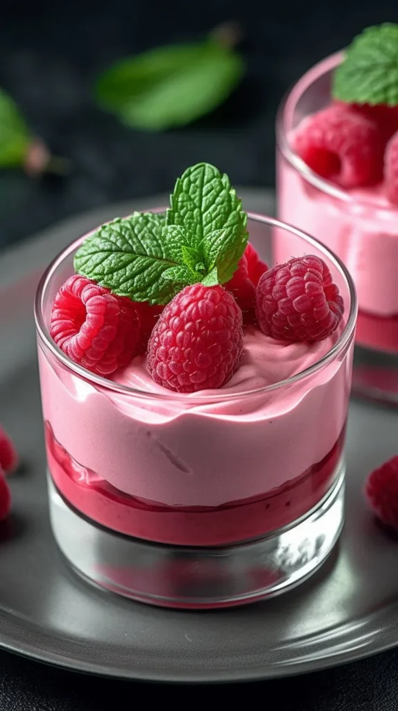 Delicious cottage cheese raspberry mousse in a glass bowl