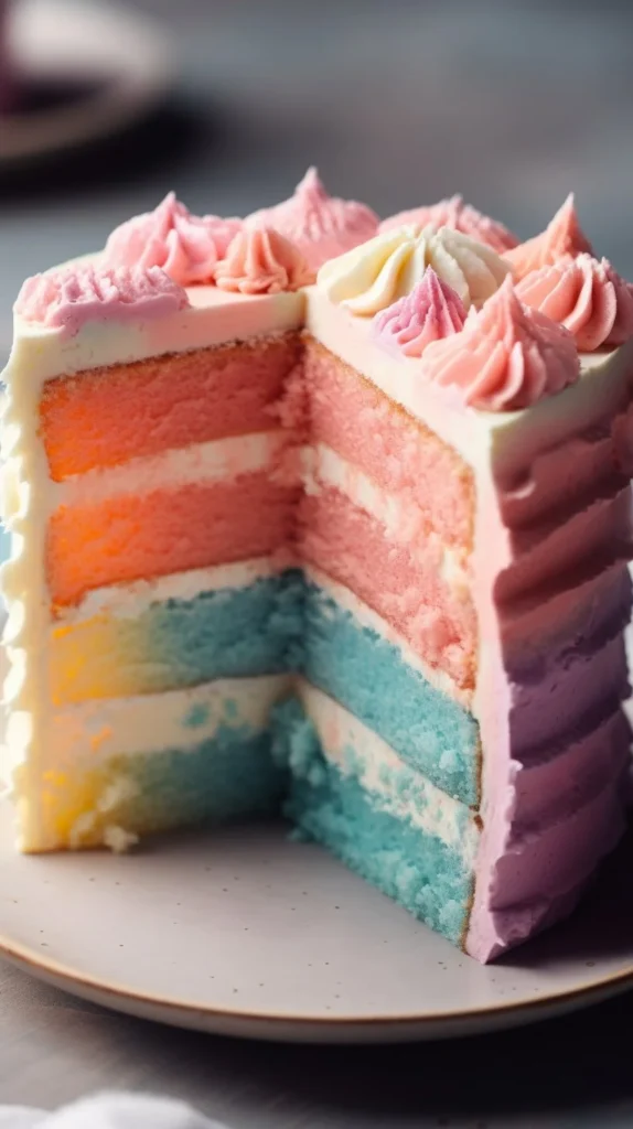 Colorful cotton candy cake topped with fluffy cotton candy for a festive dessert