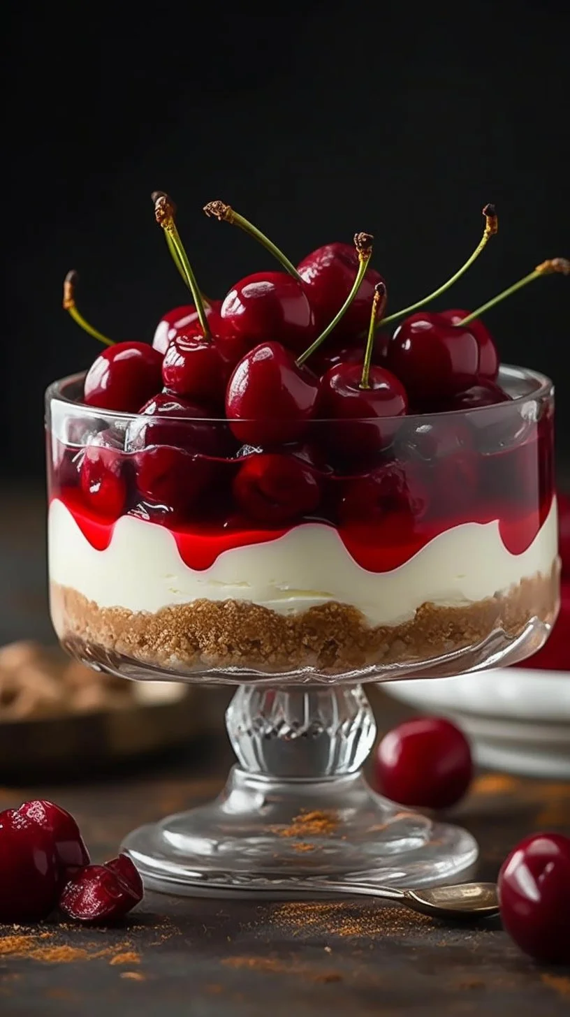Slice of creamy cherry cheesecake topped with fresh cherries
