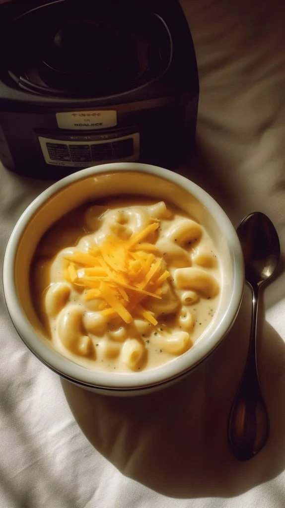 Bowl of creamy macaroni and cheese soup topped with herbs and cheese