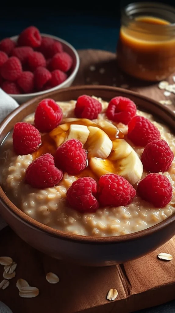 Bowl of creamy oatmeal topped with mixed berries and nuts for a healthy breakfast