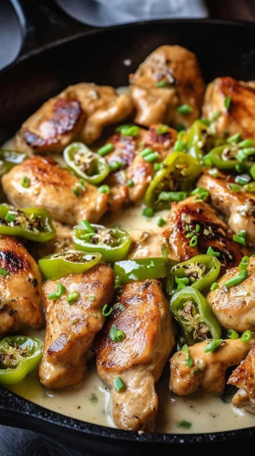 Creamy Pepperoncini Chicken Skillet served with pasta