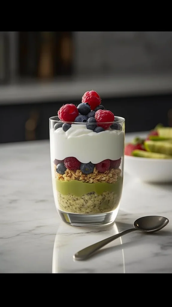 Bowl of creamy pistachio overnight oats topped with nuts and fruits