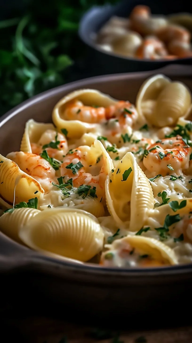 Creamy seafood stuffed shells filled with shrimp and scallops served on a plate