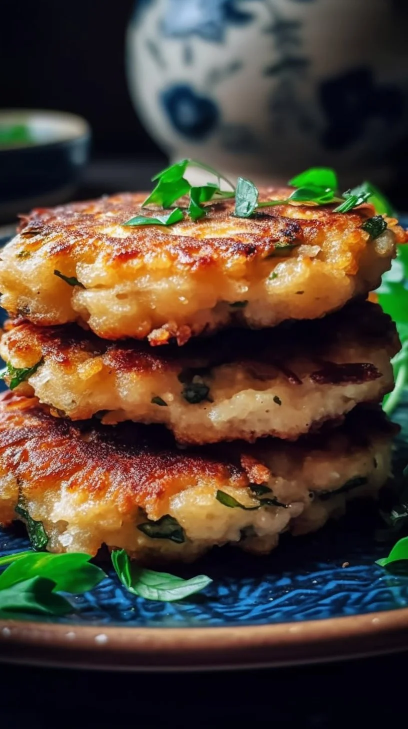 Crispy egg and rice patties served with dipping sauce on a plate