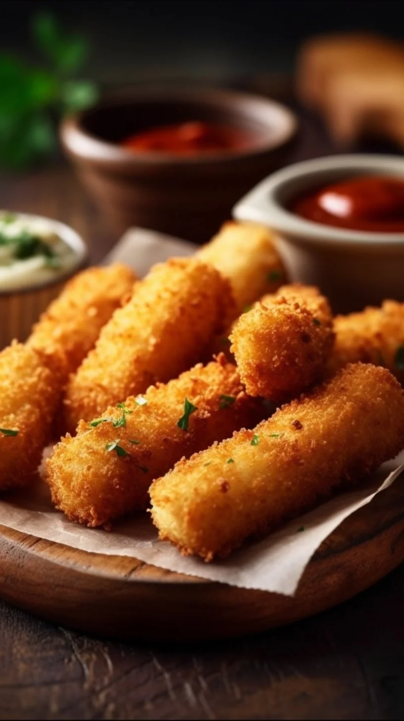 Crispy homemade mozzarella sticks served with marinara sauce