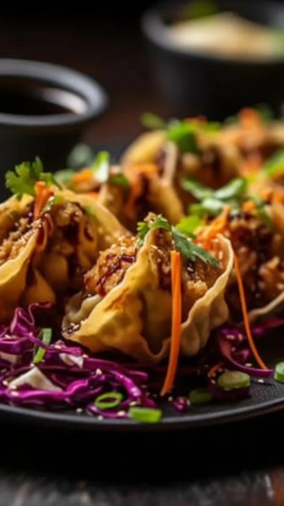 Crispy wonton tacos filled with teriyaki chicken and garnished with fresh vegetables