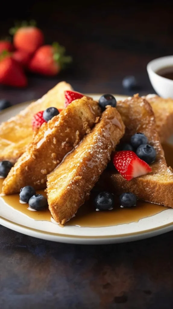 Crunchy French toast served with syrup and berries on a plate