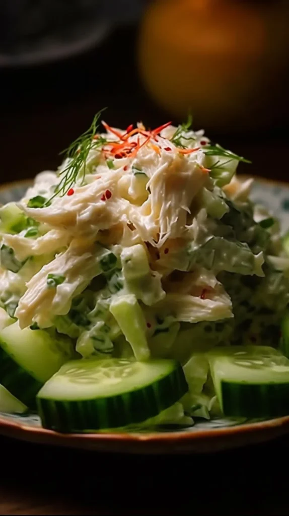 A vibrant Cucumber and Crab Salad garnished with fresh herbs.