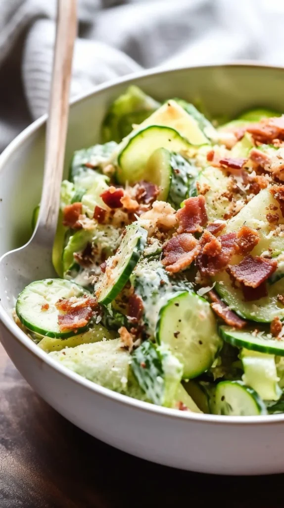 Cucumber Caesar Salad with romaine, croutons, and creamy dressing