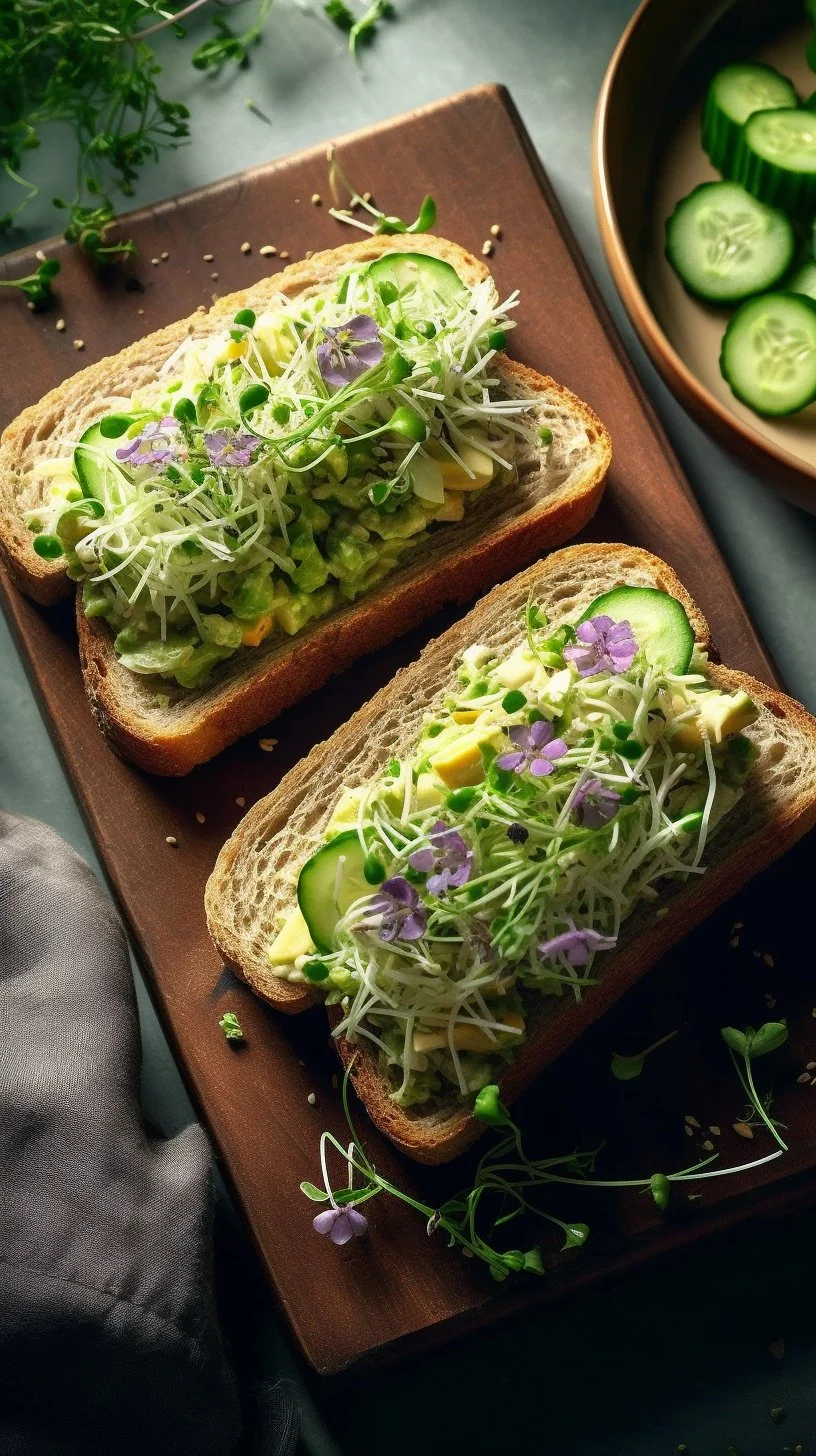 Delicious cucumber salad sandwiches served on a plate with fresh ingredients.