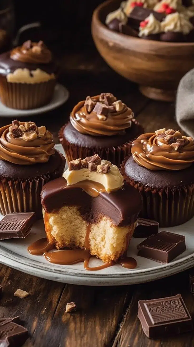 Decadent peanut butter cheesecakes topped with chocolate drizzle in bite-sized portions.