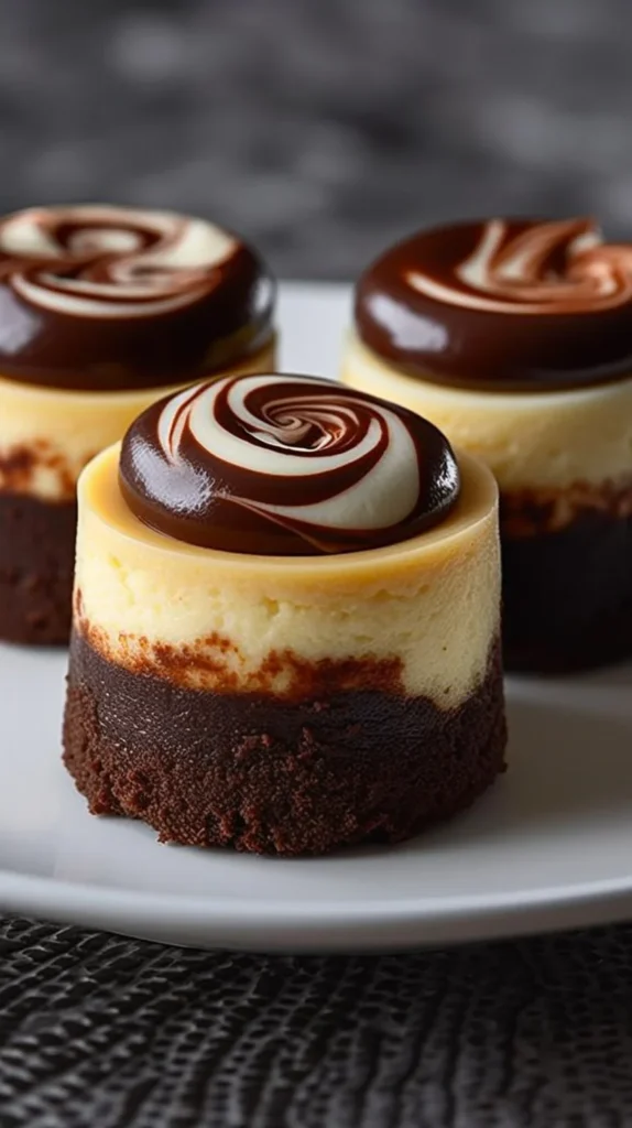 Decadent mini cheesecakes with chocolate brownie bottoms and creamy vanilla swirls