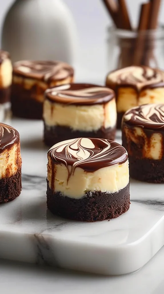 Decadent mini vanilla cheesecakes with fudgy brownie bases and chocolate marble swirl