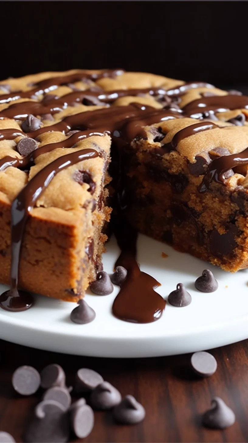 Deep dish cookie pie with chocolate chips and a golden crust
