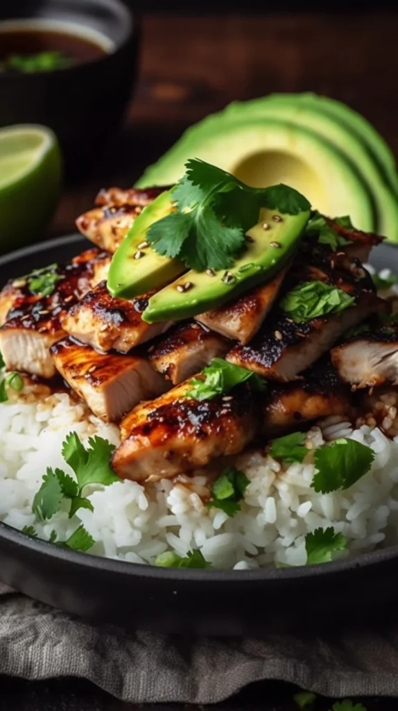 Honey lime chicken stacked with avocado rice for a delicious meal