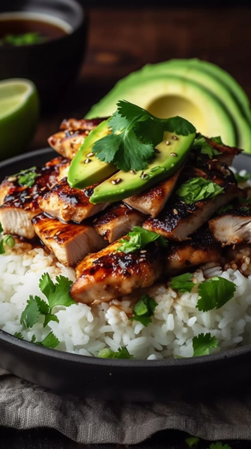 Honey lime chicken stacked with avocado rice for a delicious meal