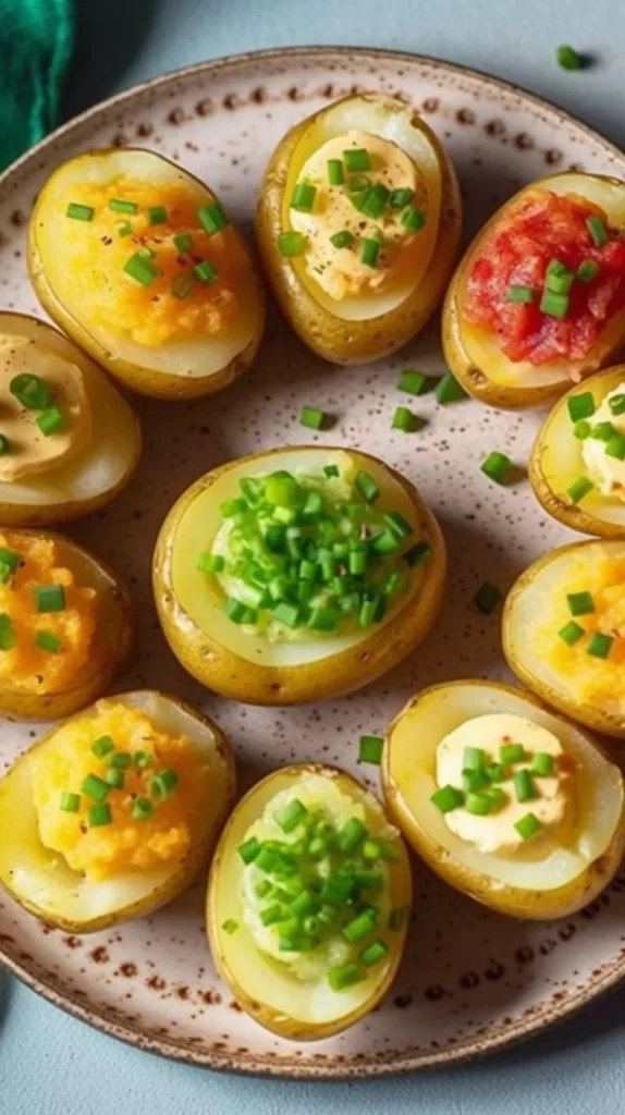 Plate of delicious deviled potatoes topped with herbs and spices