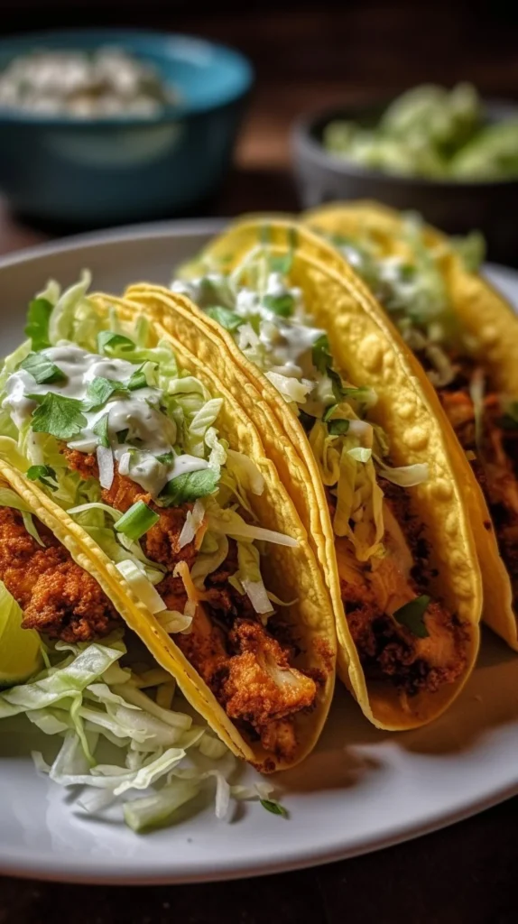 Dill Pickle Ranch Smash Chicken Tacos with crispy cheese topping on a plate