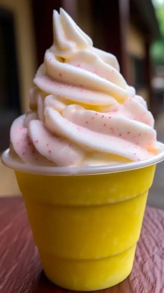 Delicious Dole Whip served in a cup, showcasing its creamy texture and vibrant color.