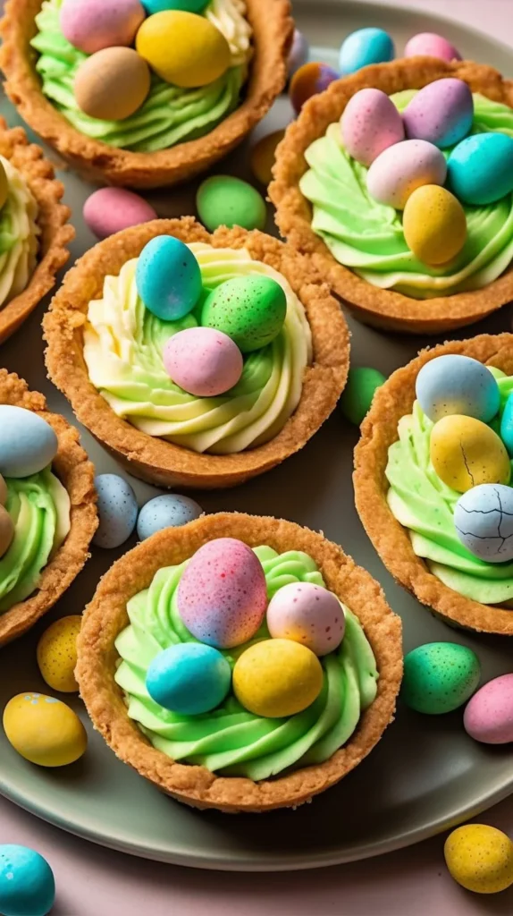 Easter Basket Cookie Cups decorated with colorful candies and chocolate.