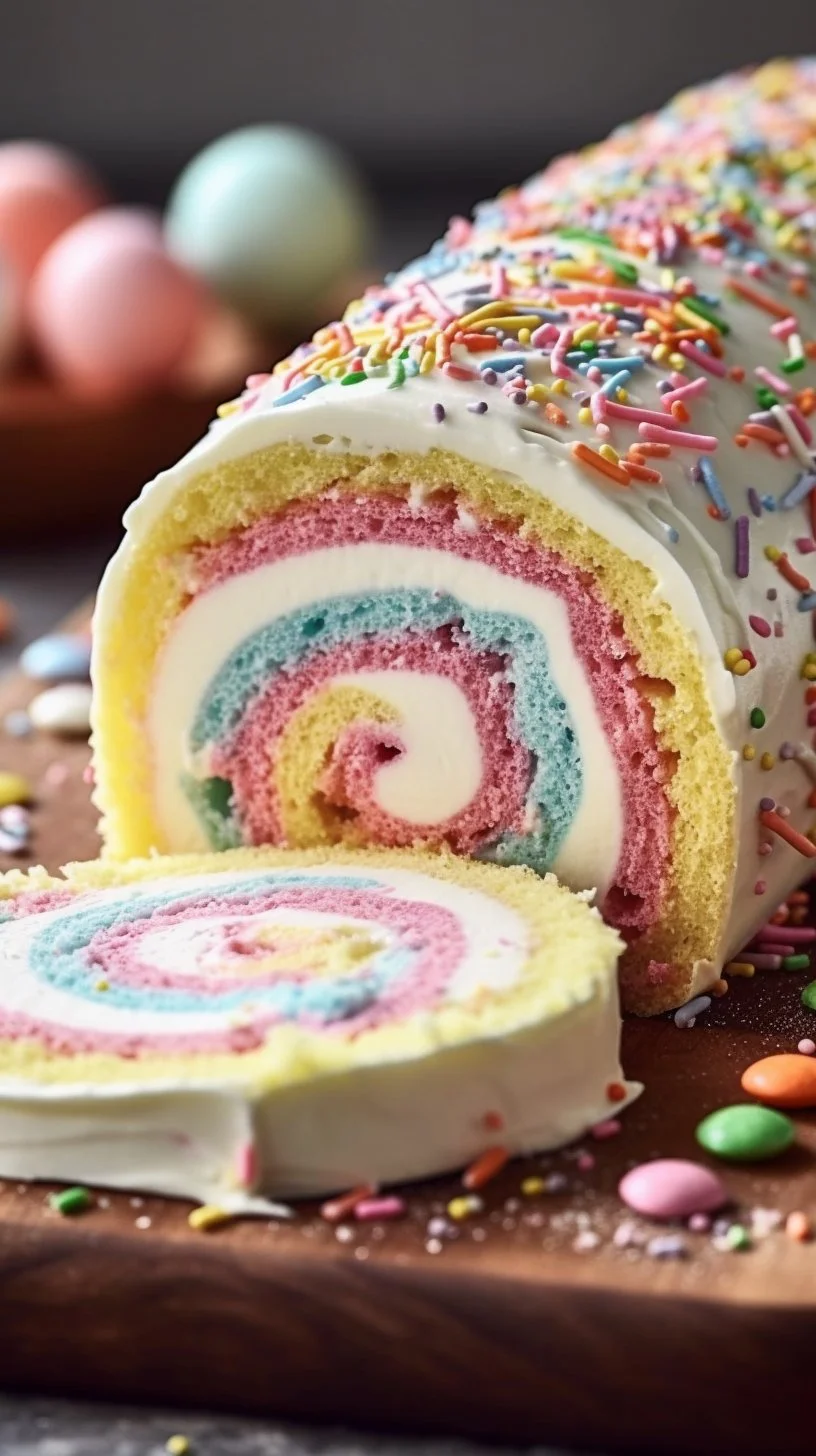 Festive Easter Cake Roll topped with colorful spring decorations and icing