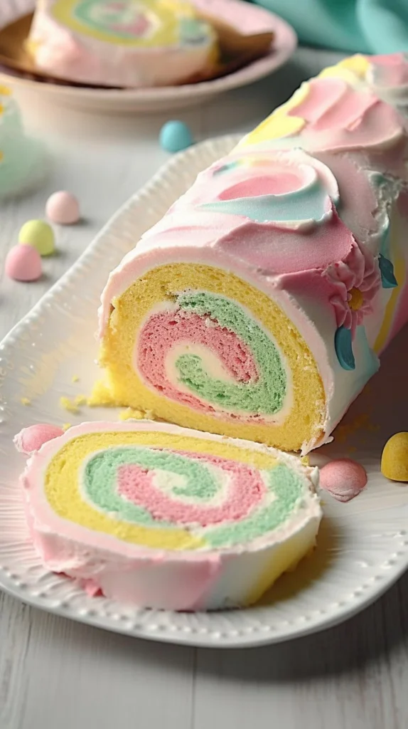 Beautifully decorated Easter Cake Roll with pastel colors and festive designs.