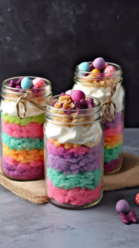 Colorful Easter cakes in a jar for festive celebrations.
