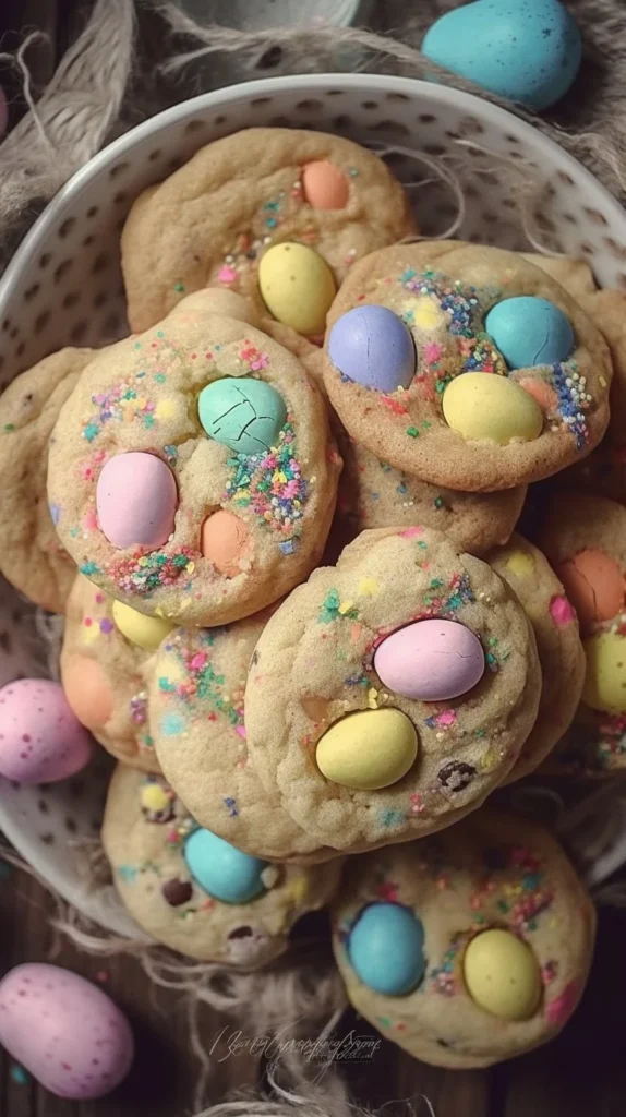 Colorful Easter cookies shaped like bunnies and eggs on a decorated table