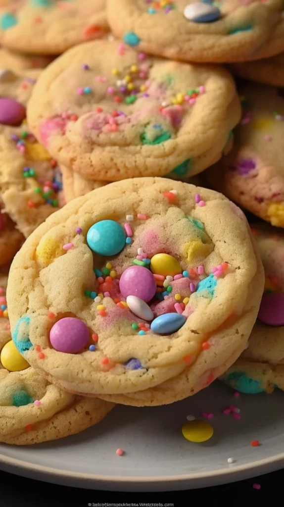 Colorful decorated Easter cookies shaped like eggs and bunnies