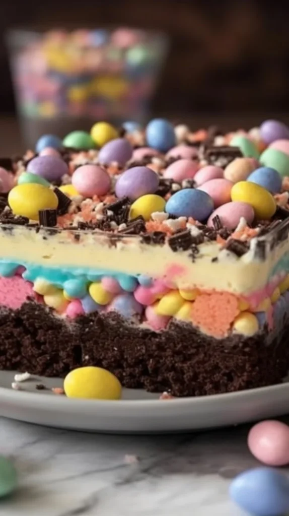 Easter Dirt Cake Casserole decorated with chocolate and gummy worms
